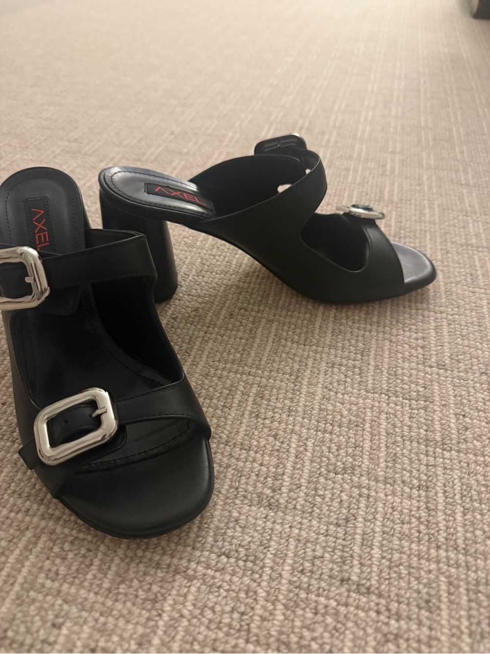 AXEL Black Leather Buckle Block Heel Mules